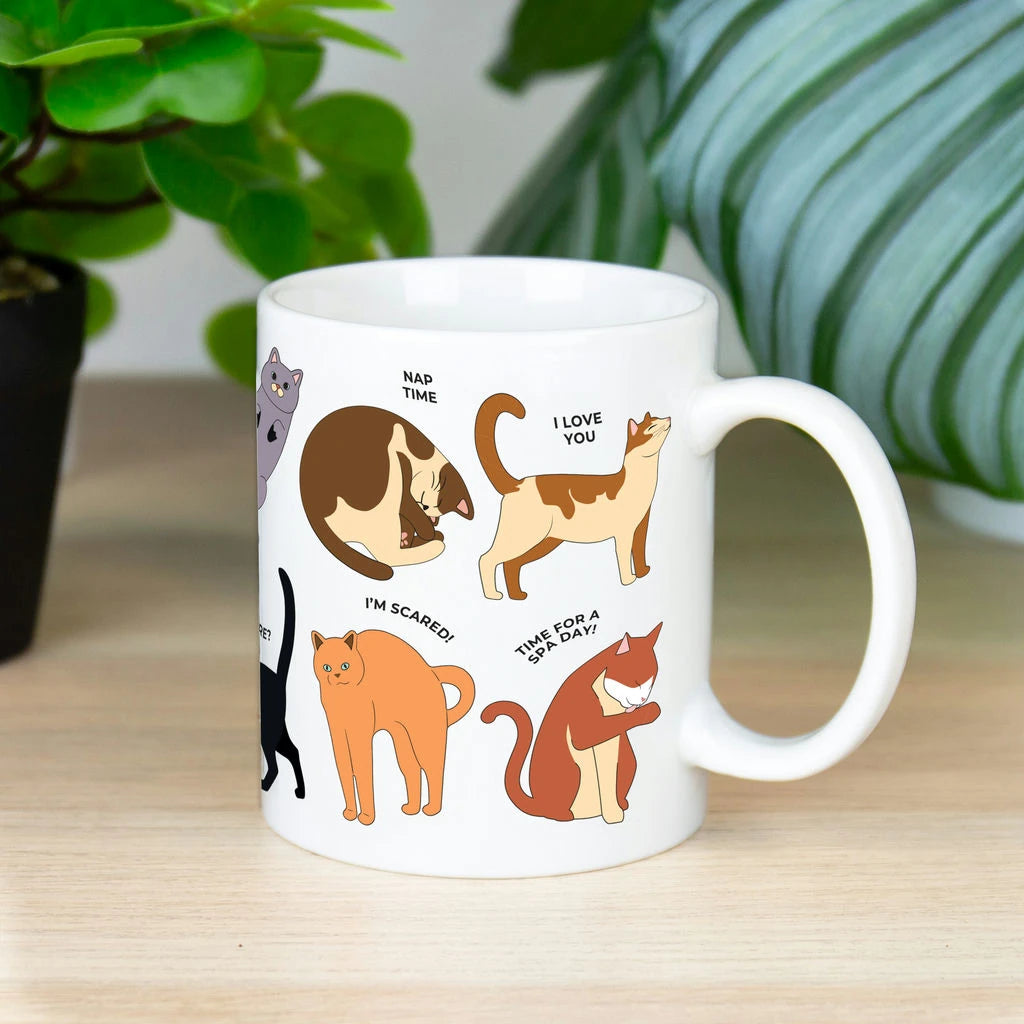 Taza de cerámica con estampado de gatos en diferentes posturas y el significado