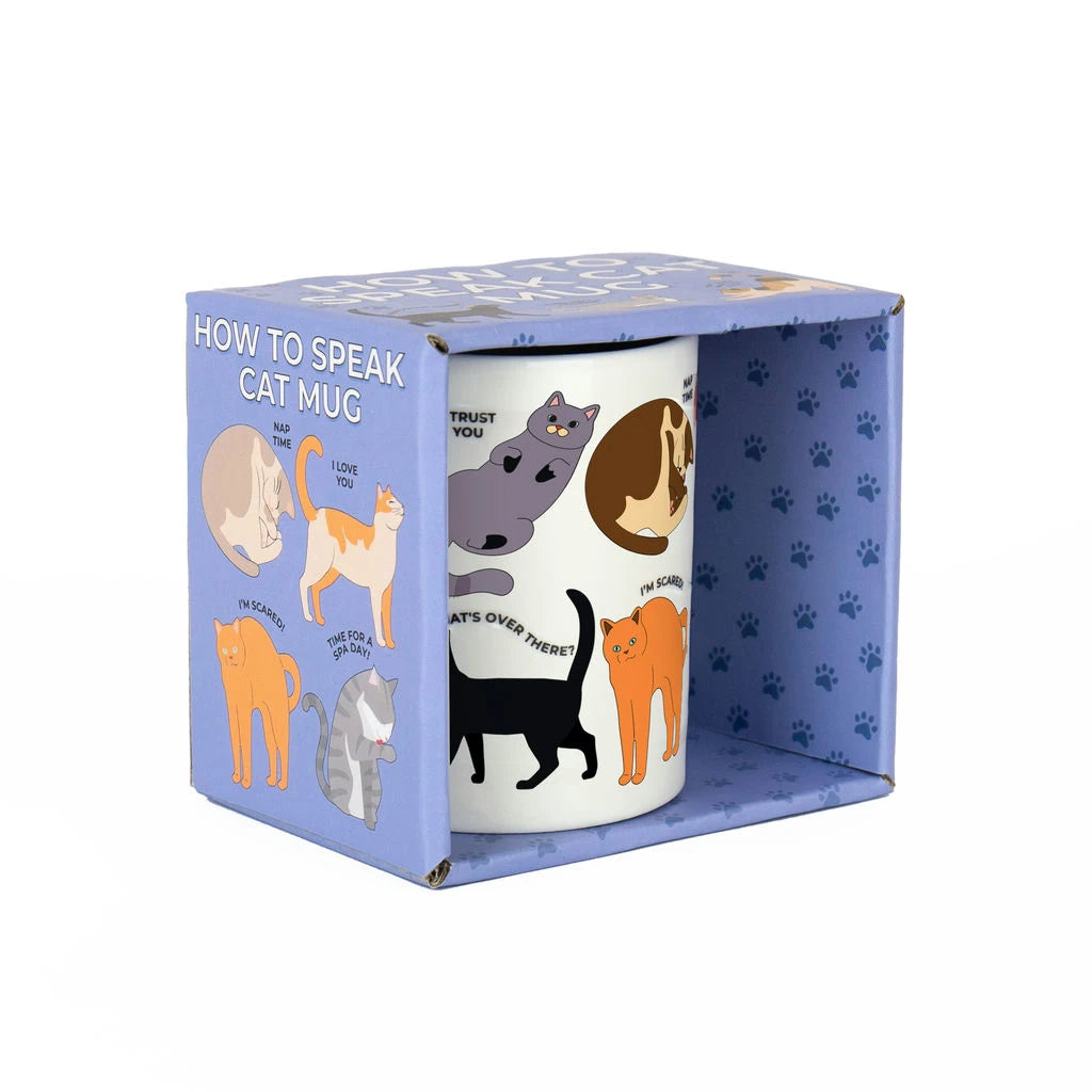 Taza de cerámica con estampado de gatos en diferentes posturas y el significado en su caja
