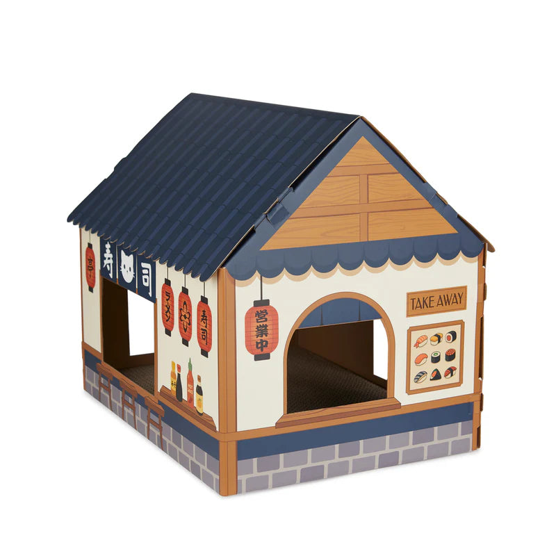 casa rascador para gatos en forma de puesto de sushi callejero japonés de cartón plegable, con rascador en la base y ventanas cortadas para que entre y salgan los gatos