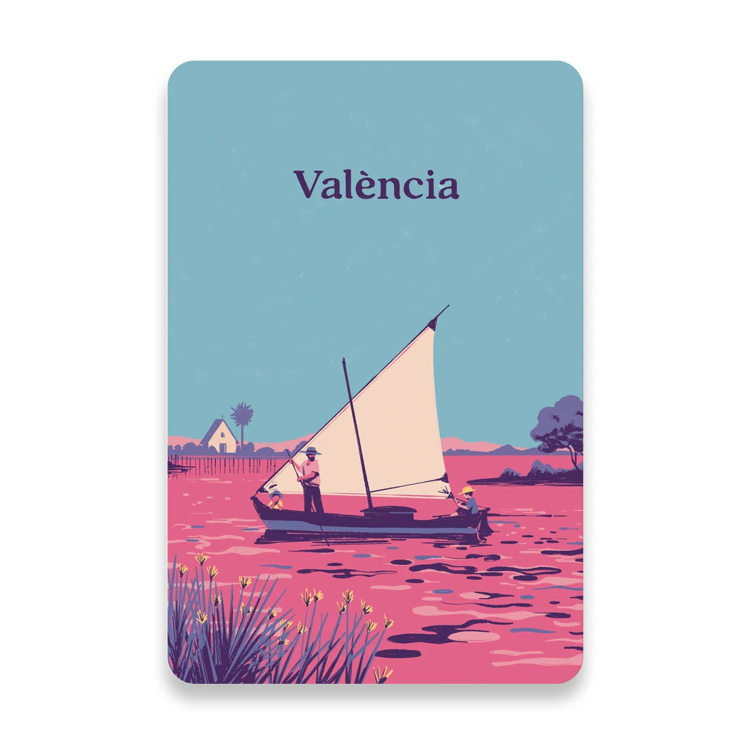 detalle de la postal del ilustrador Borja Bonaque con unas personas subidas a una barca en la Albufera de Valencia, en colores rosas y azules