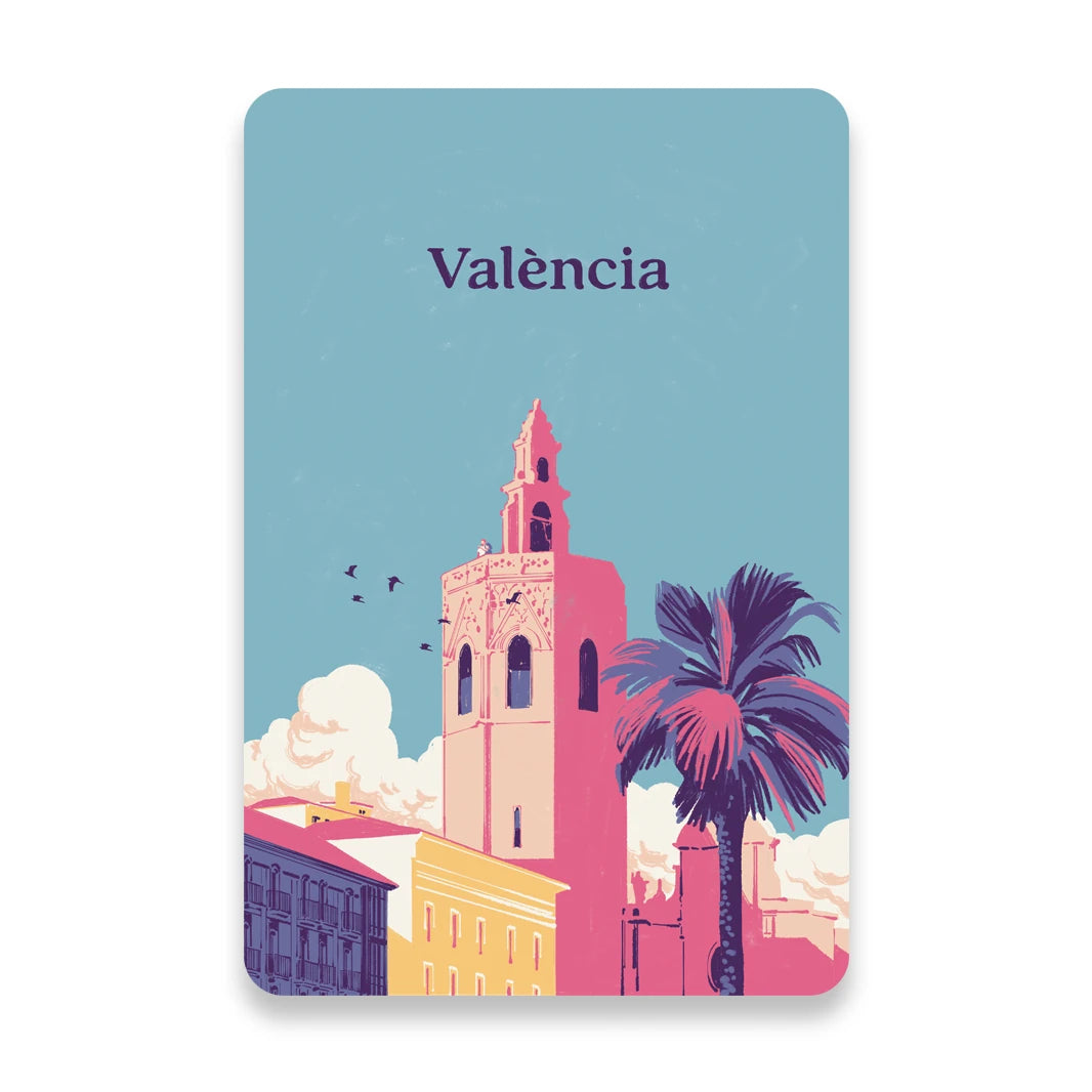 postal del ilustrador Borja Bonaque con el Miguelete de Valencia, con edificios delante y una palmera y pájaros volando