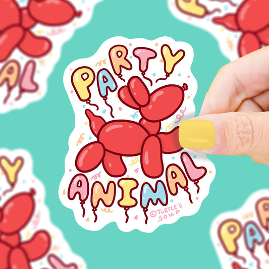 Pegatina con forma de perro de globos rodeado de letras PARTY ANIMAL hechas con globo