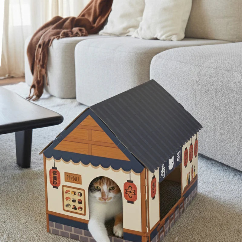 gato calicó metido dentro de la casa rascador de balvi en forma de casita con el tejado triangular pintado como si fueran tejas y con un cartel de menu en un de los lados, con lámparas de papel pintadas y unos taburetes como si fuera un puesto de sushi callejero japonés, en medio de un salón de una casa