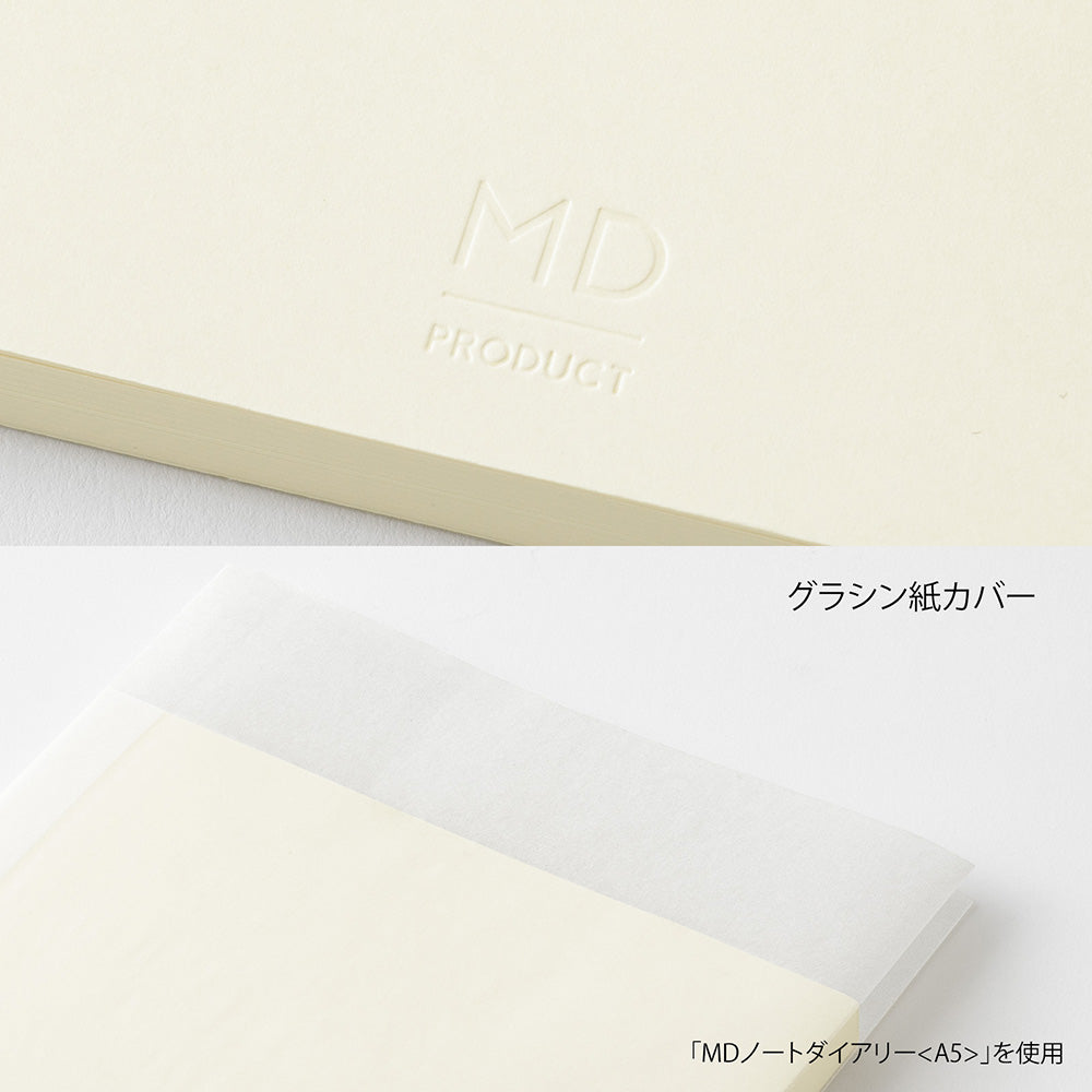 Detalle de la tapa de la agenda Midori MD A6 con logotipo en relieve y funda de papel glassine translúcida