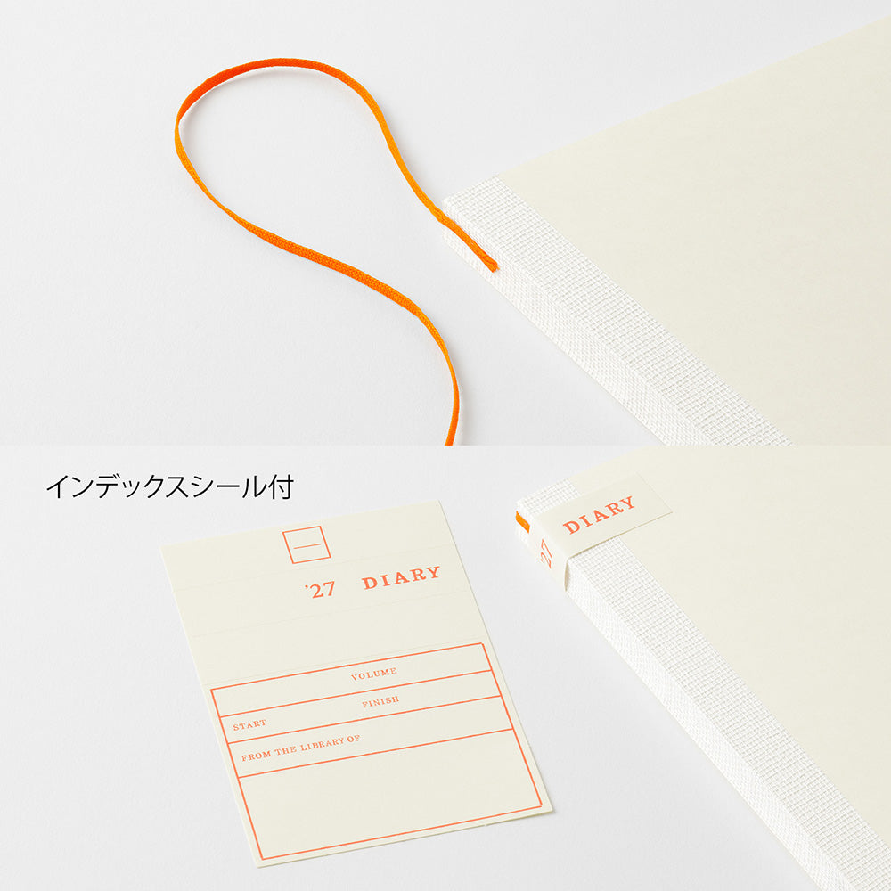 Accesorios de la agenda MD Notebook Diary A5 2027: marcapáginas naranja, pegatinas índice y tarjeta de biblioteca estilo diario