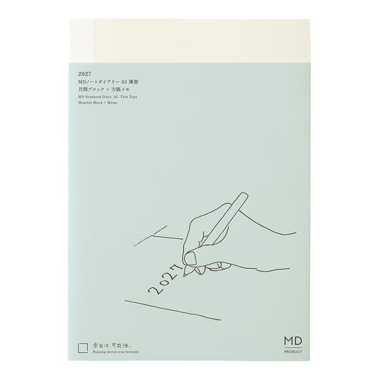 Agenda Midori MD 2027 A5 extra fina con cubierta en verde menta y ilustración minimalista de una mano escribiendo