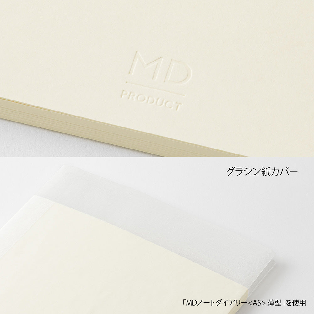 Detalle de la contraportada con logotipo MD Product en relieve y funda de papel glassine translúcida