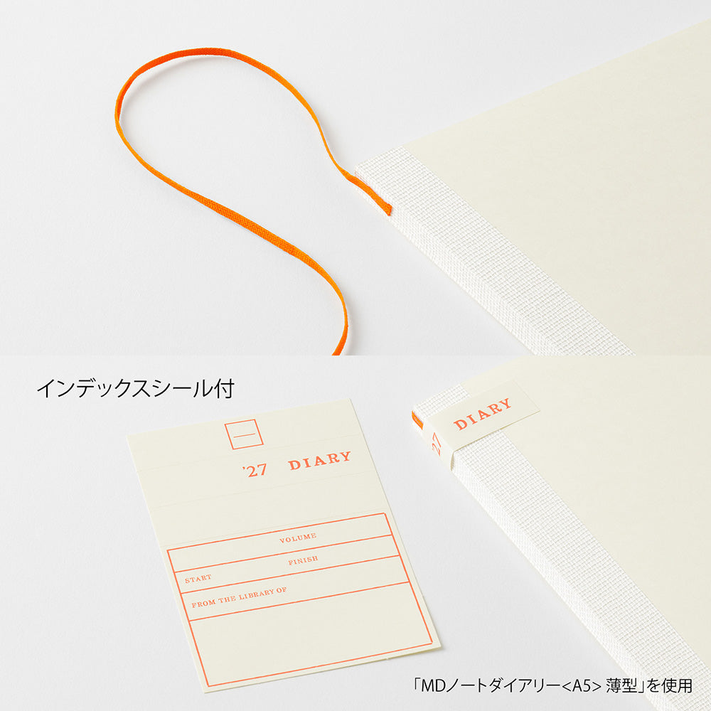 Accesorios incluidos con la agenda MD 2027 A4: marcapáginas naranja, pegatinas índice y tarjeta de biblioteca estilo diario