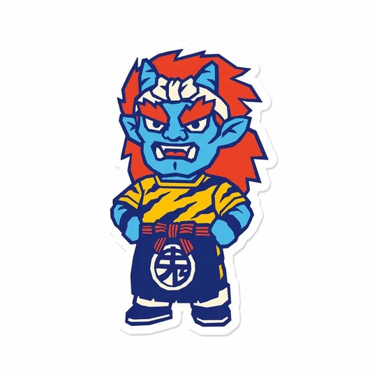 diseño de la pegatina del personaje llamado Rouge, de Yeaaah Studio, que es un demonio de color azul y pelo rojo con un delantal con el kanji "oni"