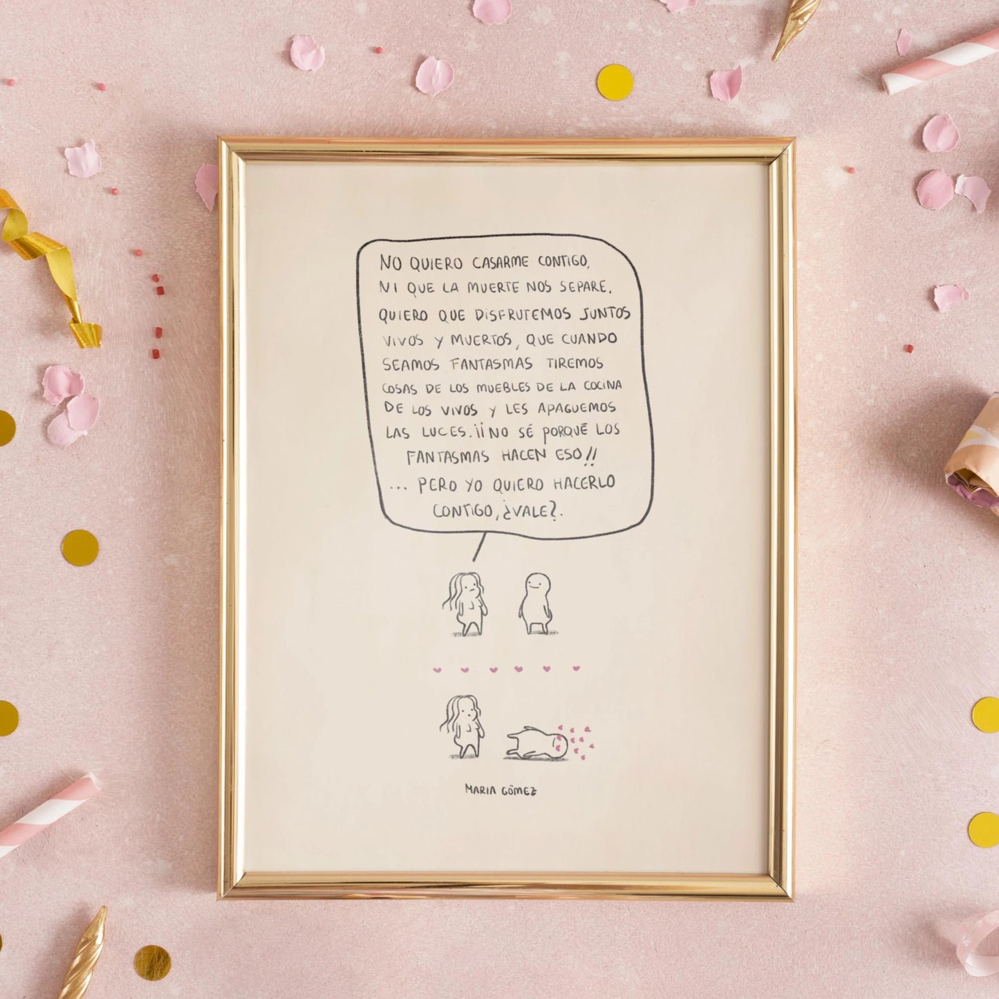 Ilustración seamos fantasmas de María Gómez enmarcada en un cuadro dorado sobre un fondo rosa y con confeti y cosas de fiesta de fondo