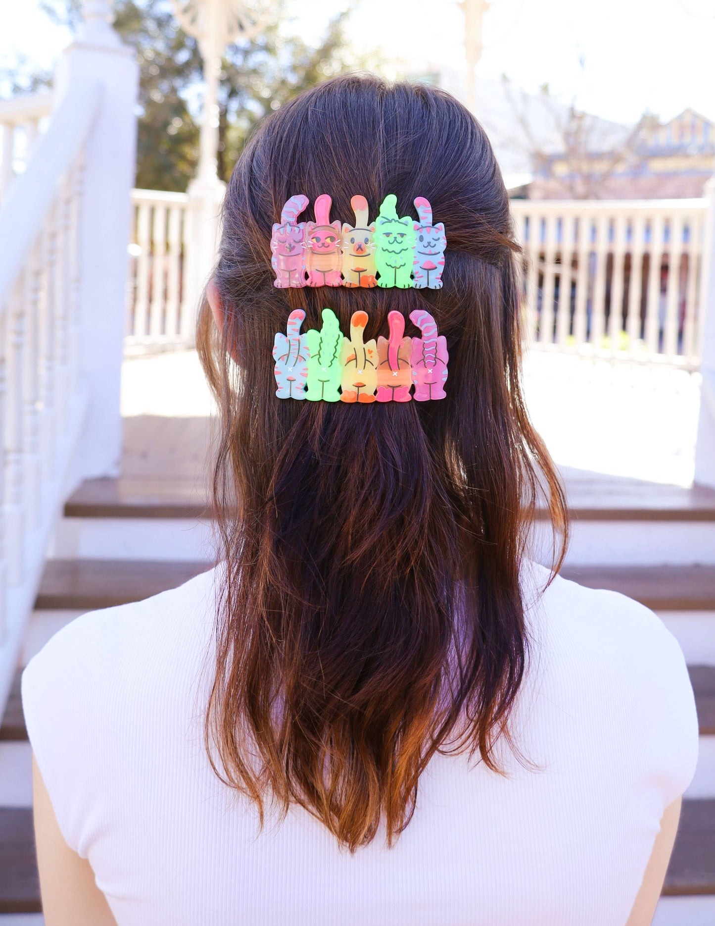 Chica de espaldas con pinzas para el pelo con cinco gatos vistos desde alante y desde atrás