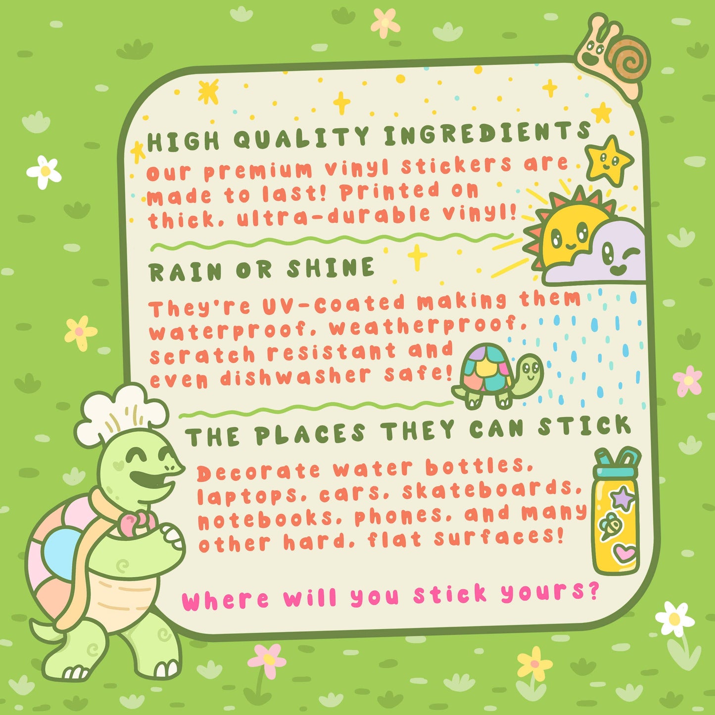 Características de las pegatinas de Turtle's Soup en inglés