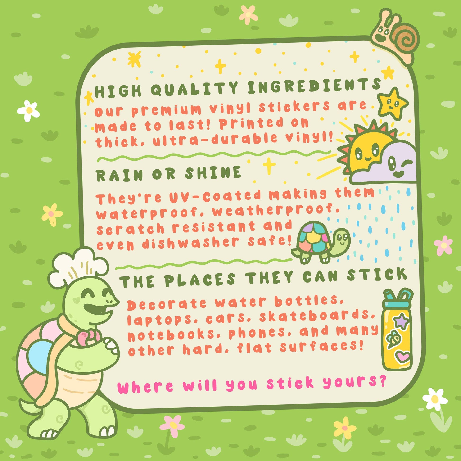 Características de las pegatinas de Turtle's Soup en inglés
