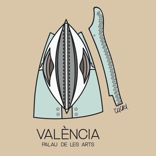postal del palau de les arts de valencia desde arriba, ilustrado por click