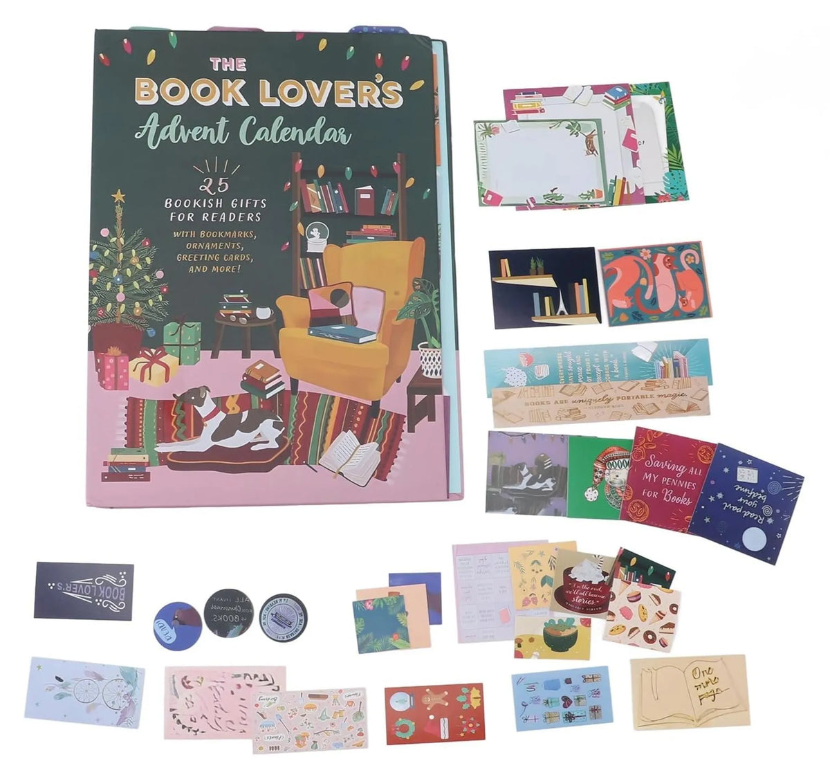 Calendario de Adviento para Booklovers junto a una selección de sus sorpresas: marcapáginas, tarjetas y pegatinas de temática lectora.