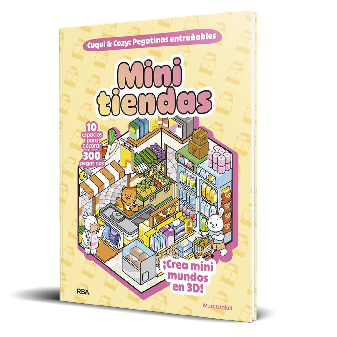 Portada de un libro de pegatinas en el que se crean espacios de diferentes tiendas. La imagen indica que hay 10 espacios y 300 pegatinas y enseña uno de los escenarios que es un supermercado en el que están comprando animales, una vaca y un conejo y el dependiente es un gato