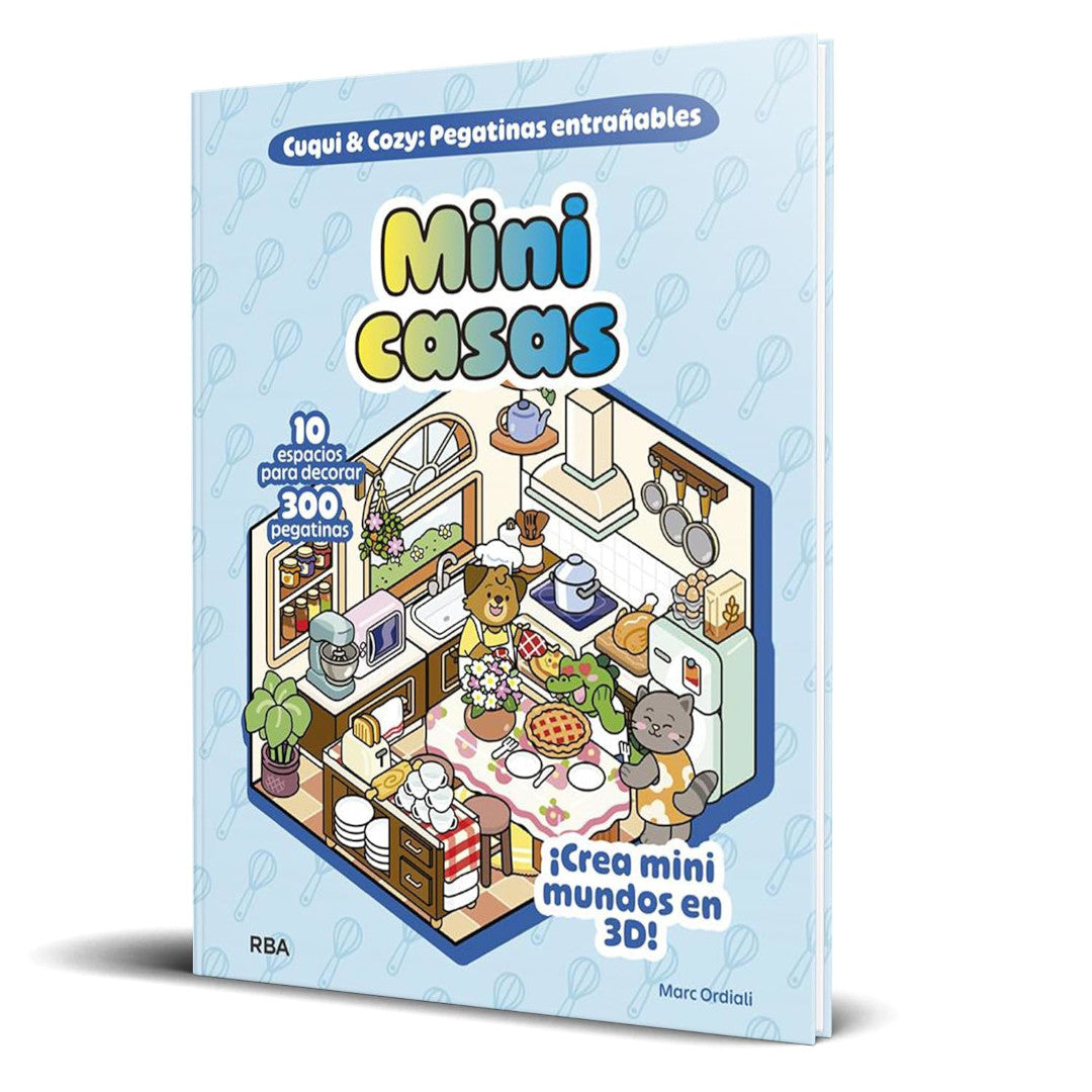 Portada de un libro de pegatinas en el que se crean espacios de diferentes tiendas. La imagen indica que hay 10 espacios y 300 pegatinas y enseña uno de los escenarios que es una cocina en el que están un gato, un perro y un cocodrilo