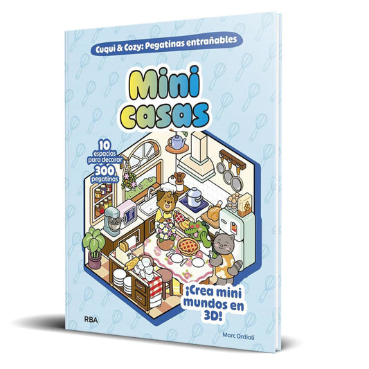Portada de un libro de pegatinas en el que se crean espacios de diferentes tiendas. La imagen indica que hay 10 espacios y 300 pegatinas y enseña uno de los escenarios que es una cocina en el que están un gato, un perro y un cocodrilo