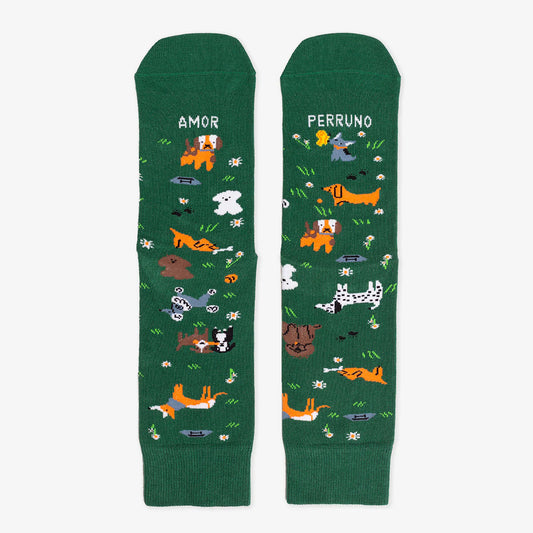 Calcetines amor perruno verdes con perritos diferentes dibujados