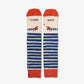 Calcetines a rayas azules con las punteras, los talones y el borde en color rojo. Y estampado de perros salchichas y el mensaje Te quiero infinito
