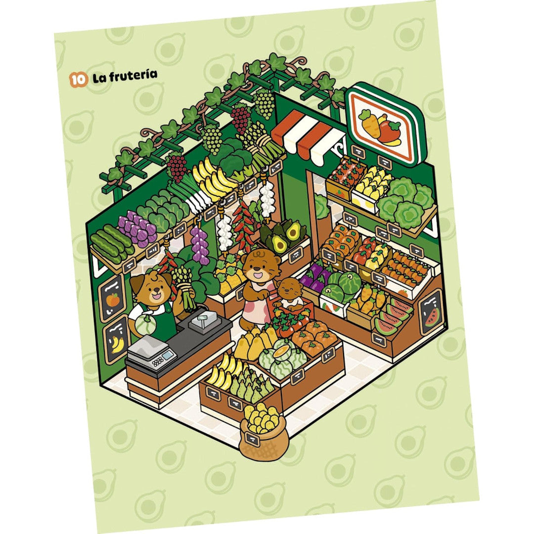 Escenario creado con pegatinas de una frutería con animales