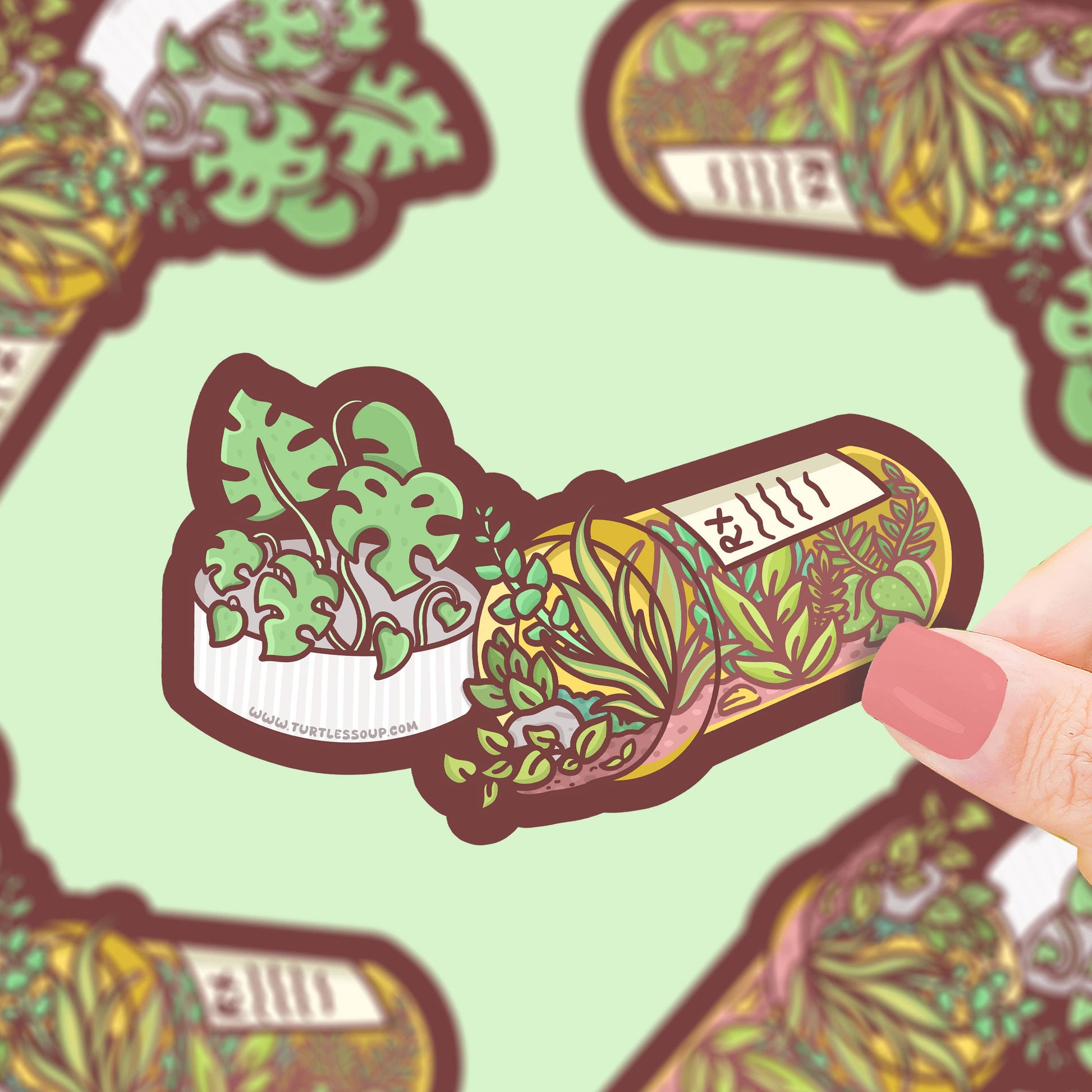 Pegatina con forma de un bote de medicinas relleno de plantas.