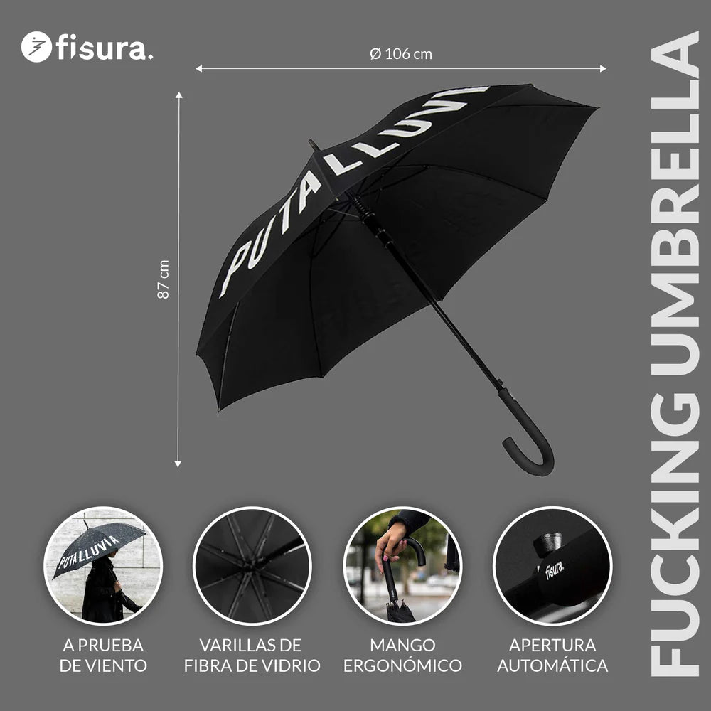 medidas del paraguas con el texto PUTA LLUVIA de Fisura y las características que presenta