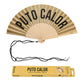 abanico de la marca fisura con purpurina dorada y el texto "PUTO CALOR" en color negro abierto con una cuerda negra y con la caja del embalaje