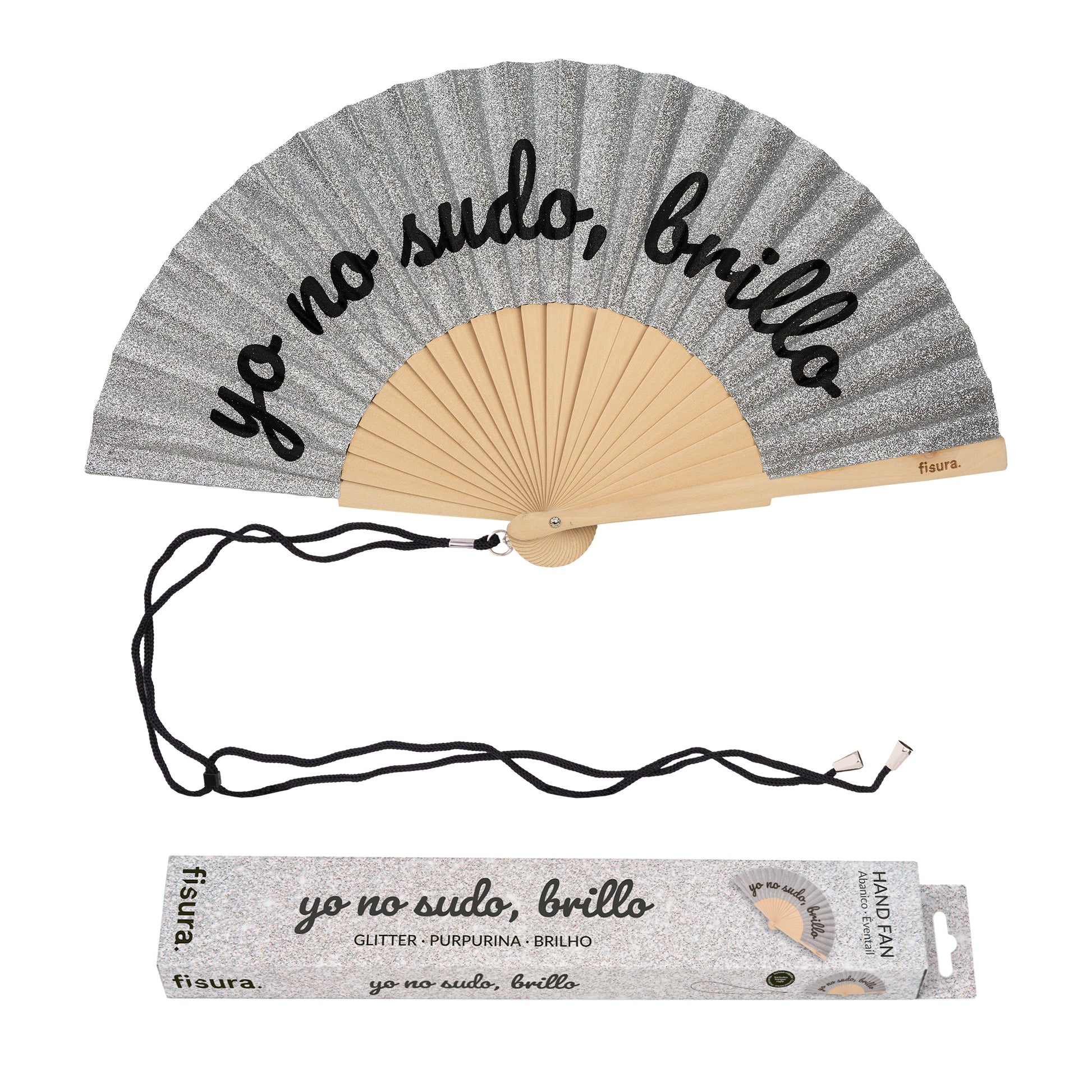 abanico de la marca fisura con purpurina plateada y el texto "yo no sudo, brillo" en color negro, la cuerda negra que lleva y su caja