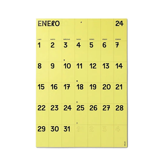 Calendario de pared 2024 a mes vista en enero en papel amarillo tamaño A3 de Colla Paper