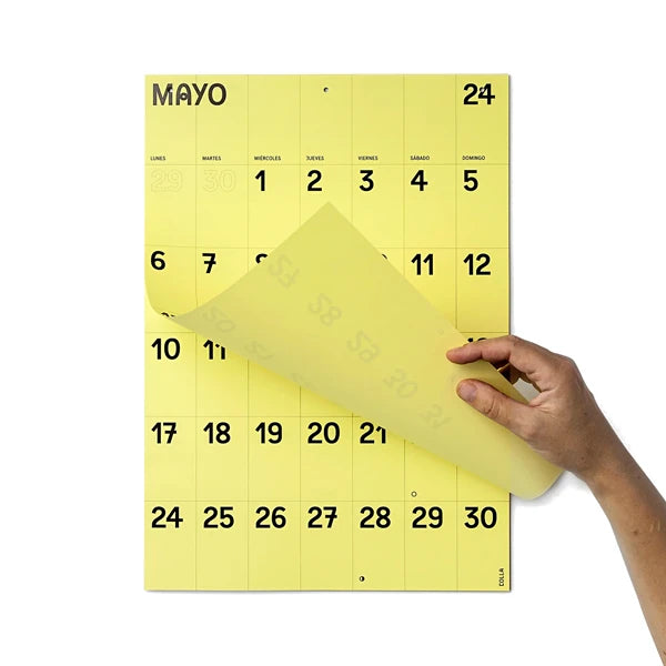Mano arrancando la página de mayo en el calendario de pared 2024 a mes vista en papel amarillo tamaño A3 de Colla Paper