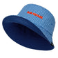 gorro de Fisura reversible a cuadros azul marino y blanco y el texto BON VOYAGE en color naranja