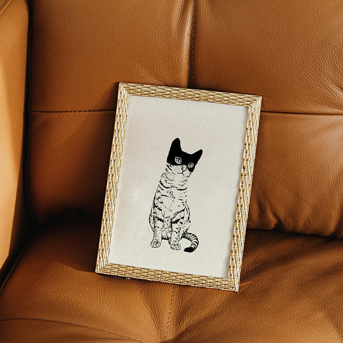 Lámina en blanco y negro de Laura Agustí enmarcada de un gato pardo con una máscara de batman, sobre un sofá de cuero marrón.