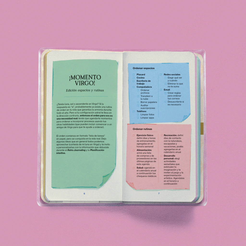 Interior de agenda Happimess Astro con sección ¡Momento Virgo! y notas adhesivas de colores