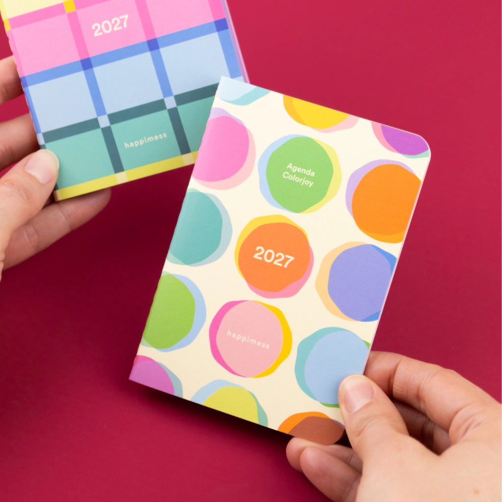 portada de la agenda confetti happimess del 2027 con círculos de colores