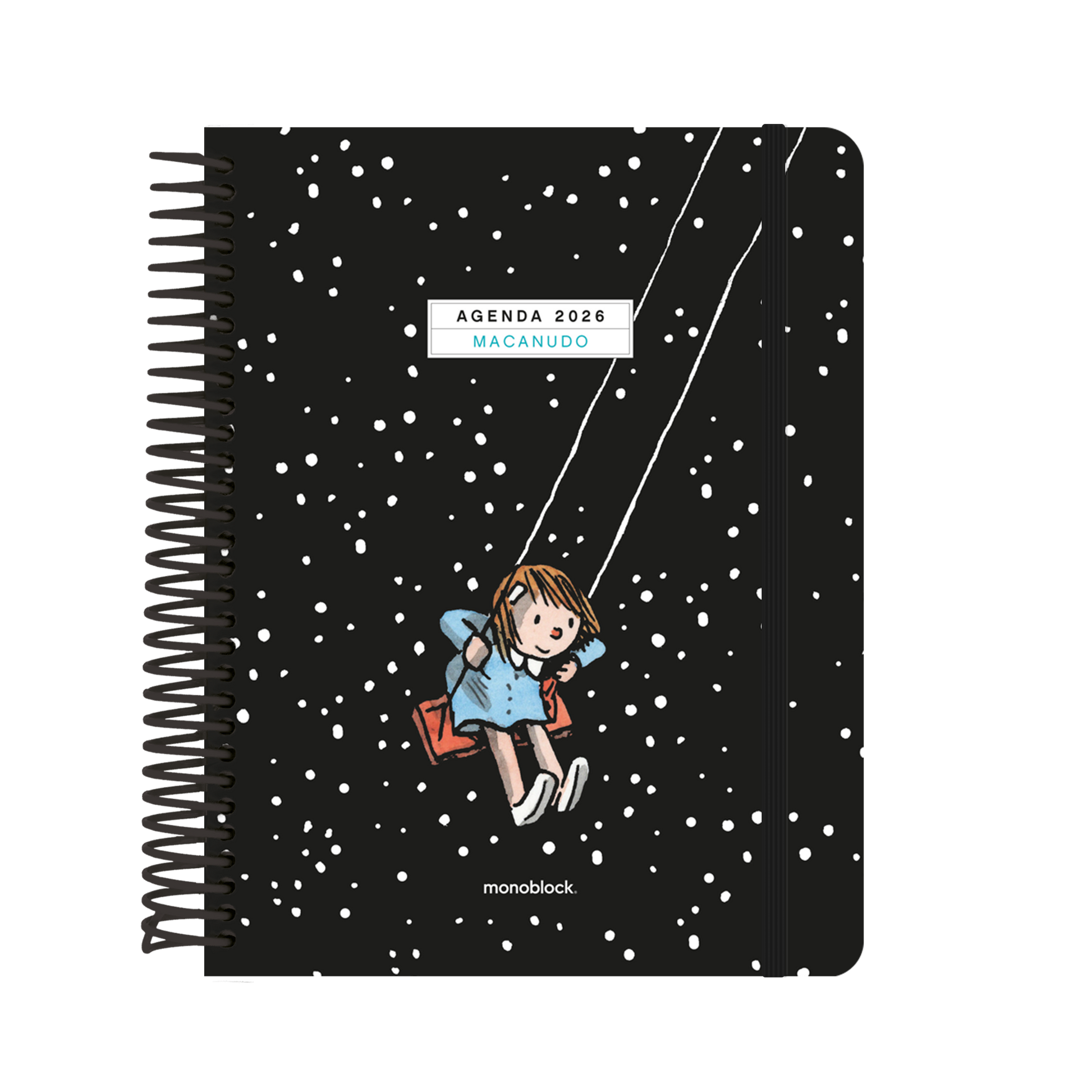 Agenda Macanudo 2026 formato diario con Enriqueta columpiándose con un cielo estrellado de fondo