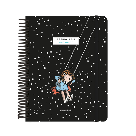 Agenda Macanudo 2026 formato diario con Enriqueta columpiándose con un cielo estrellado de fondo