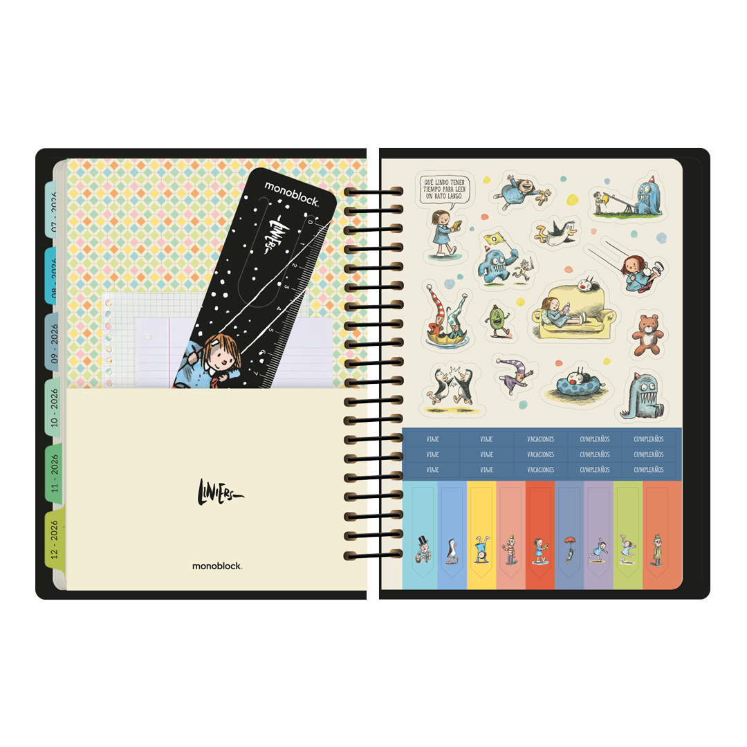 Pegatinas, separador y bolsillo interior de la agenda Macanudo 2026 formato diario con viñetas de Liniers