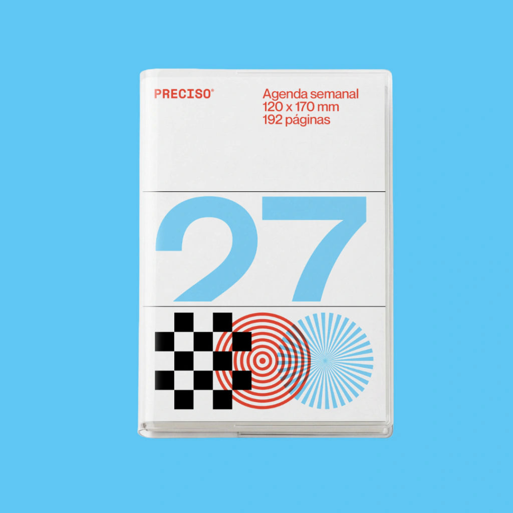 agenda pocket Denver de la colección Preciso de Monoblock con la portada blanca con varios símbolos de coloresy un 27 en azul