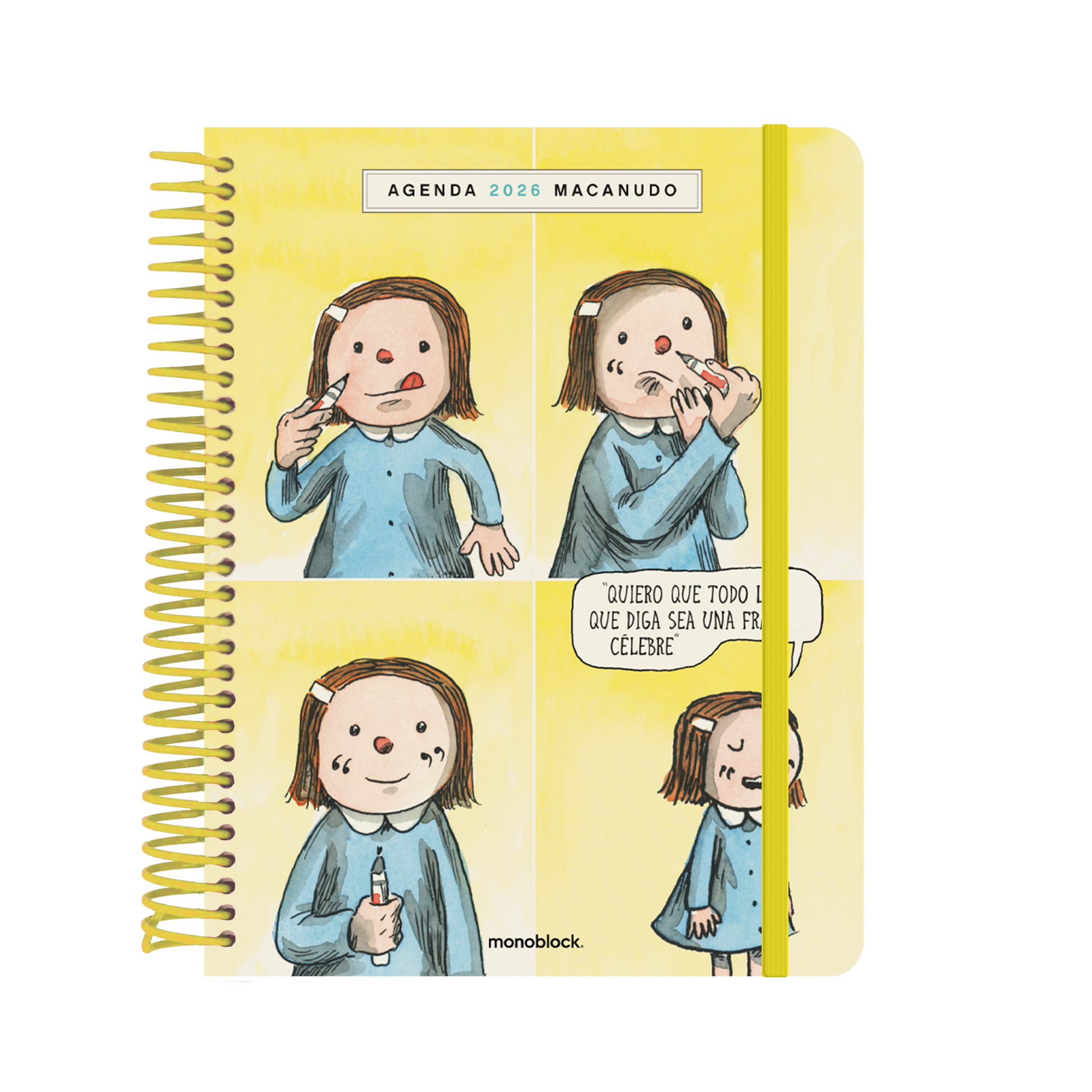 Agenda semanal 2026 Macanudo de Liniers con portada de Enriqueta pintándose comillas en el espejo