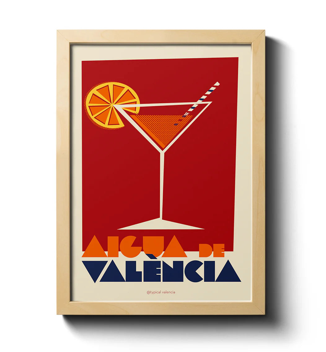 Ilustración de un cóctel de agua de valencia en copa tiangular sobre fondo rojo con las palabras en letras mayúsculas naranjas y azules