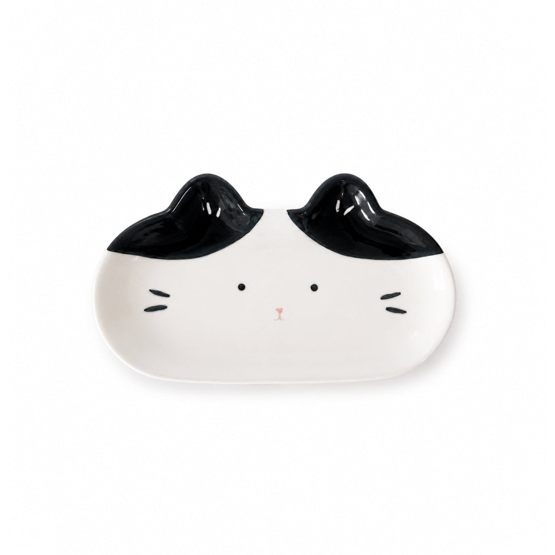 Bandeja de cerámica vacíabolsillos con forma de cara de gato en blanco y negro 