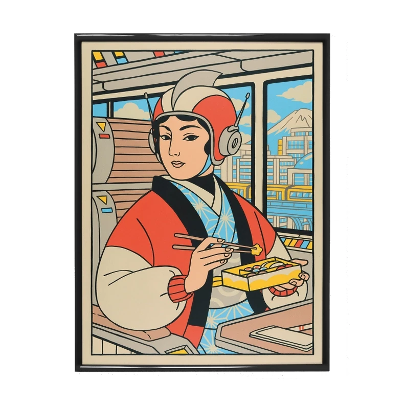 Print retrofuturista de una mujer comiendo sushi a bordo de un tren