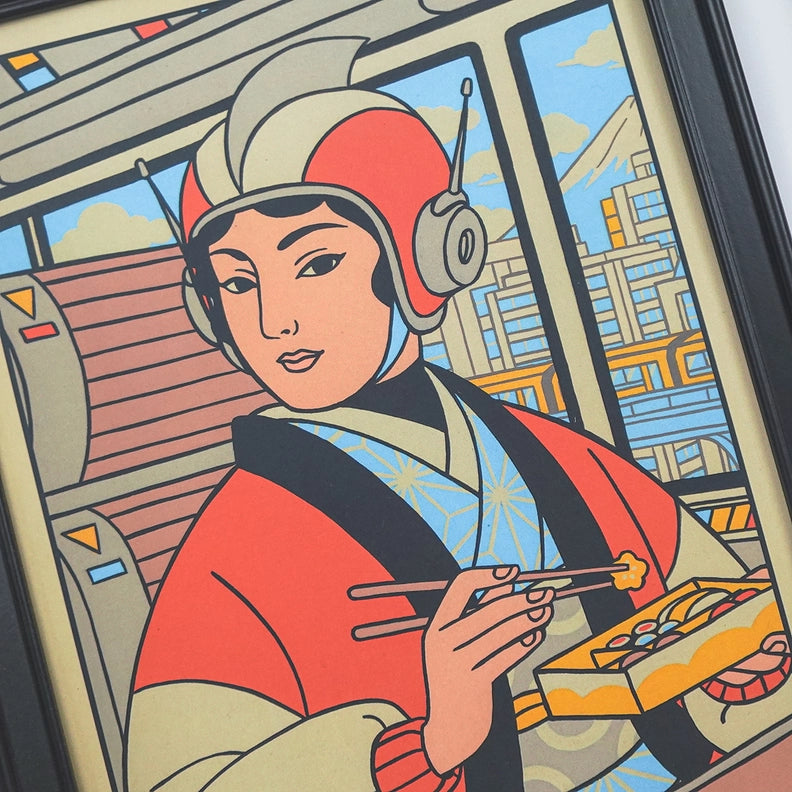 Print retrofuturista de una mujer con casco comiendo sushi a bordo de un tren