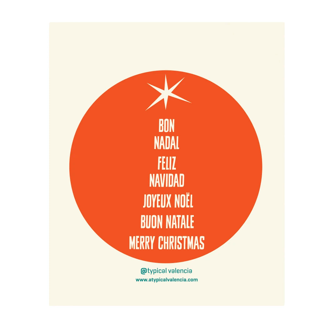 Trasera de la postal de Navidad de Atypical con Feliz Navidad, Bon Nadal en varios idiomas