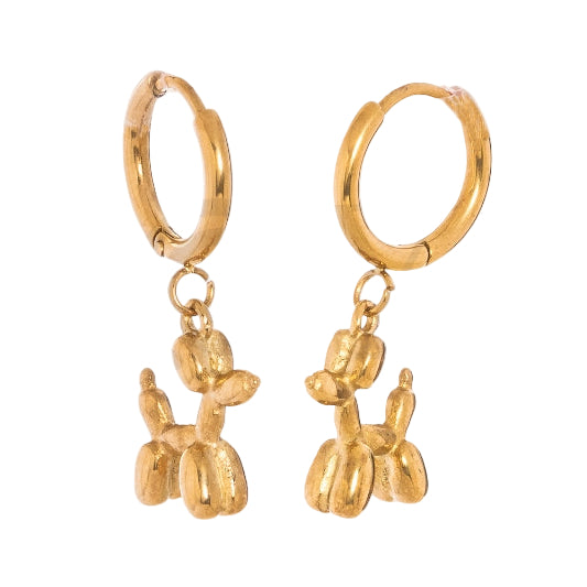 Pendientes de aro de acero inoxidable dorados con forma de perro caniche hecho de globos