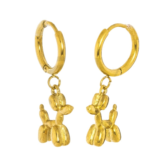 Pendientes de aro de acero inoxidable dorados con forma de perro caniche hecho de globos