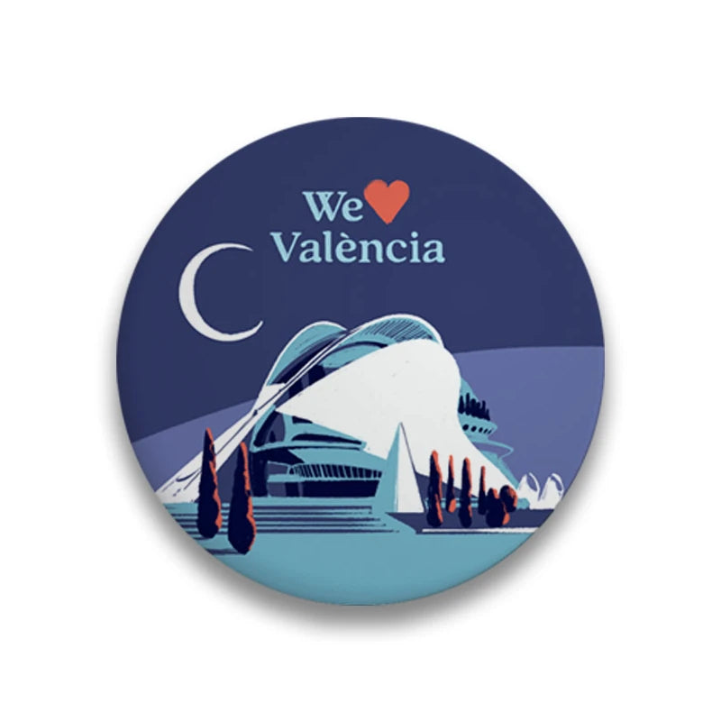 Imán redondo souvenir de Valencia con la ilustración del Palau de les Arts en la Ciudad de las Artes y de las Ciencias