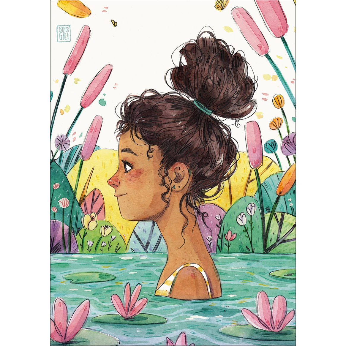 Postal Esther Gili - Baño de colores