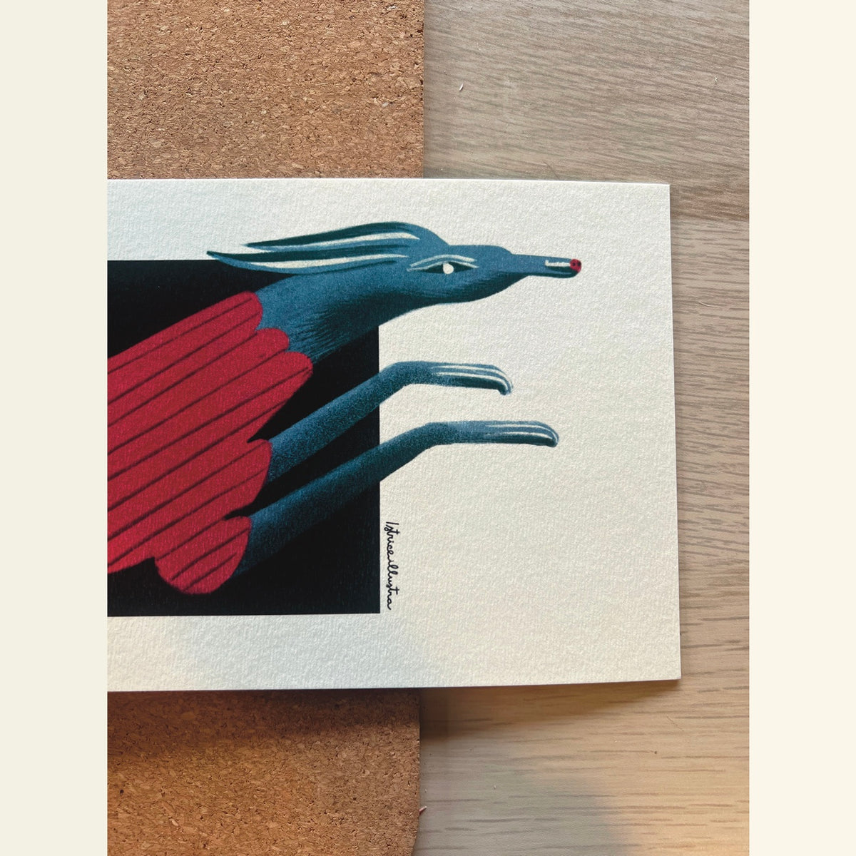 Detalle de la firma de instrice en la ilustración horizontal de un perro galgo corriendo mientras se deshace el jersey de lana roja que lleva puesto